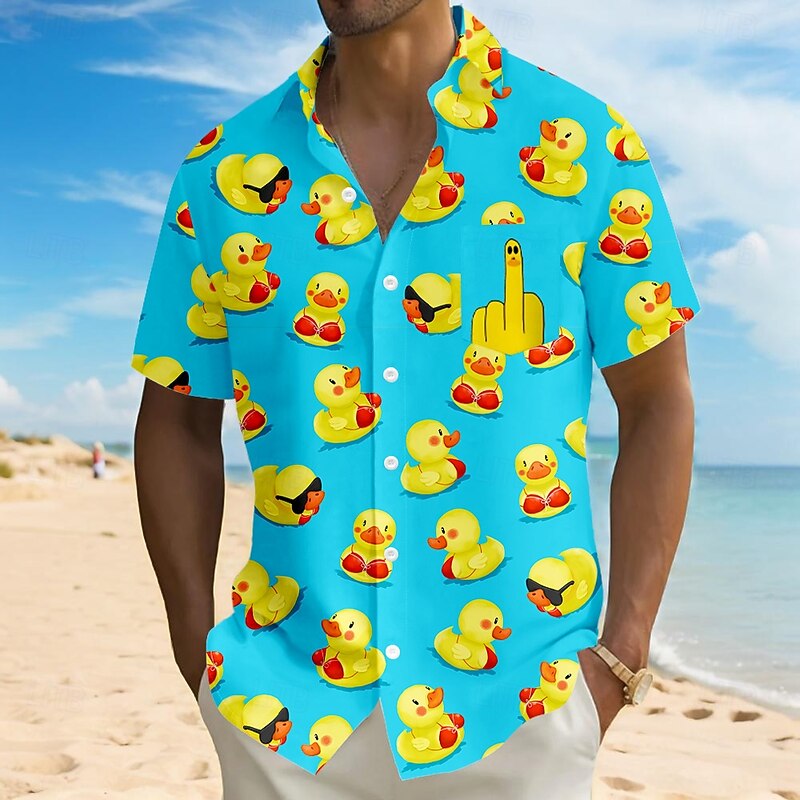 Men's Animal Funny Duck Shirt Summer Hawaiian Shirt Button Up Shirt Short Sleeve Hawaiian Vacation Holiday Beach Wear Summer Turndown 3D Print Front One Pocket Linen Like Shirt Red Blue Orange Green3