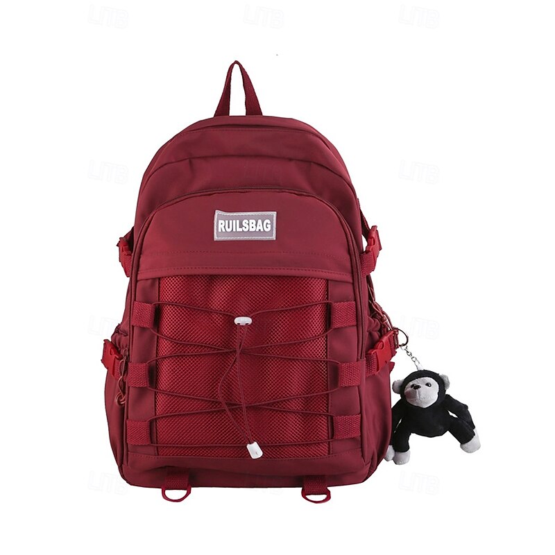 Unisex School Backpack with Monkey Keychain – Durable Red Travel Bookbag with Mesh Front Pocket and Bungee Cord for Teens and Students