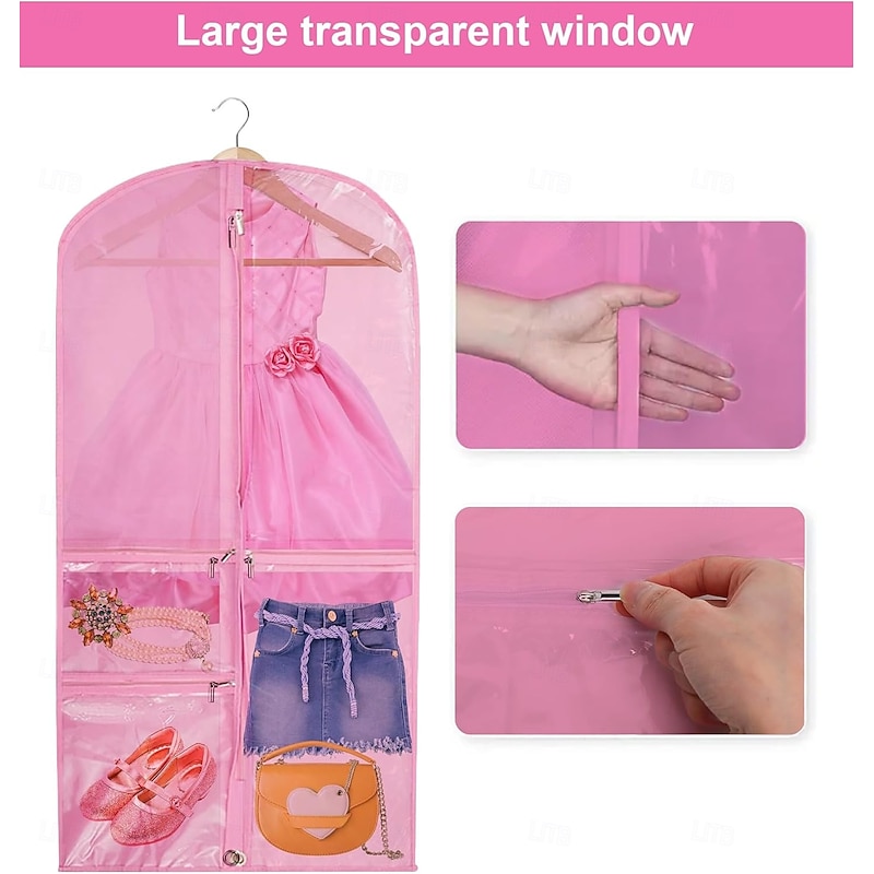 Kids Garment Bag with 3 Zipper Pockets, Transparent PVC Suit Cover with Polyester Backing, Dustproof Hanging Storage Bag for Dresses, Costumes, Travel, Competitions2