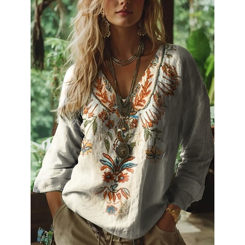 Women's Boho Blouse Floral Graphic Bohemia Vintage Tropical 3/4 Length Sleeve V Neck Regular Tops Red Summer Spring4