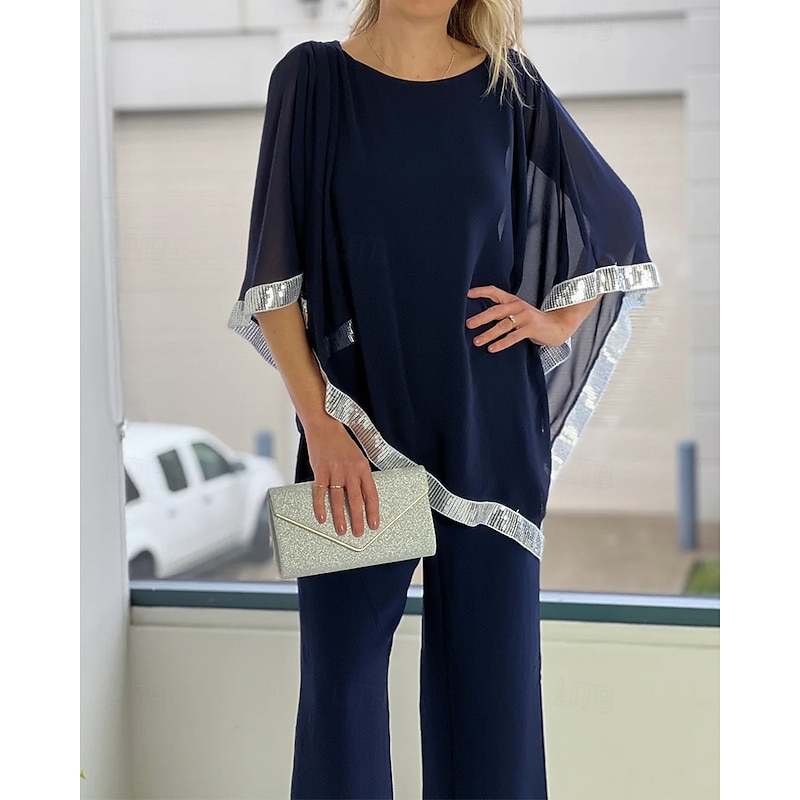 Two Piece Pantsuit Mother of the Bride Dress Elegant Simple Minimalist Crew Neck Ankle Length Chiffon Half Sleeve with Pleats Sequin2