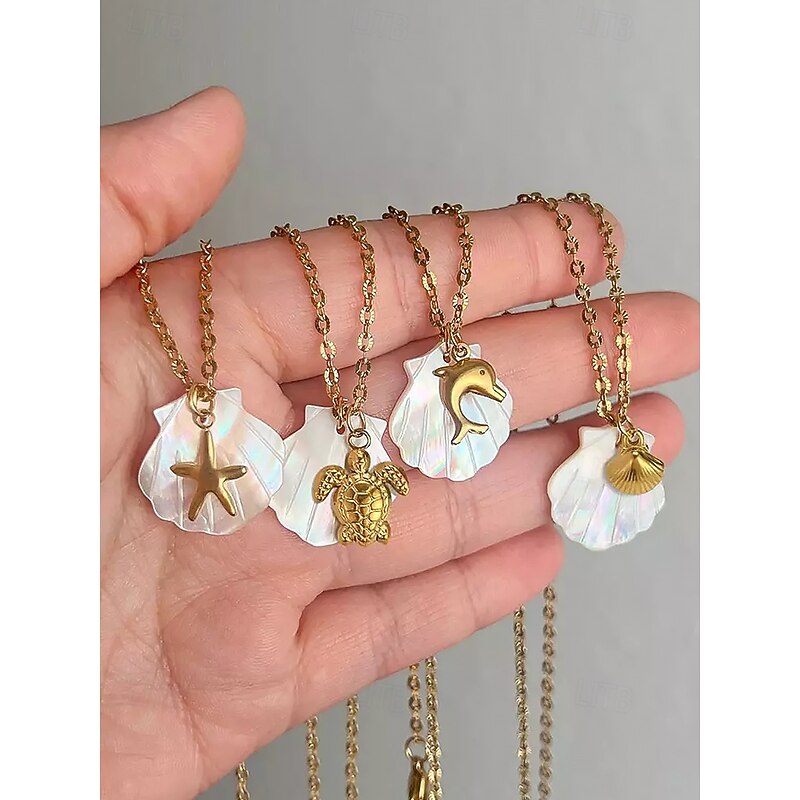 Women's Mother-of-Pearl Seashell Pendant Necklaces – Beach-Inspired Gold Chain Jewelry with Nautical Charms (Starfish, Turtle, Dolphin, Shell) for Summer Travel, Vacations & Gifts4