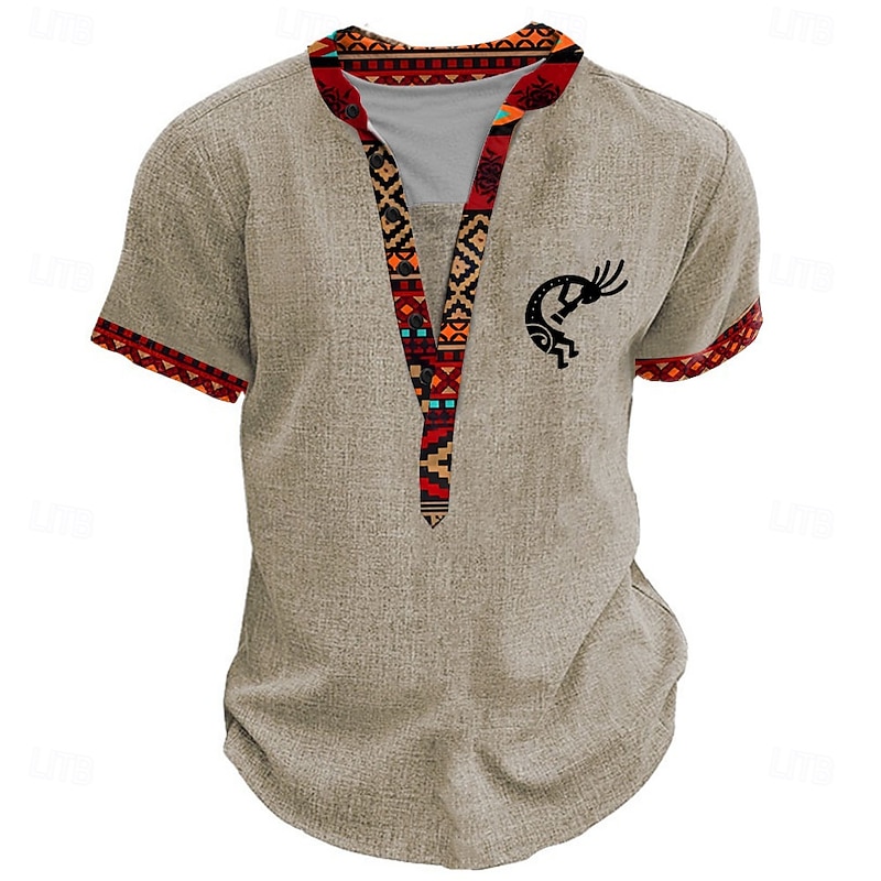 Men's Graphic Tribal Henley Shirt Short Sleeve 3D Print Fashion Designer Basic Daily Summer Light Blue Black Green Khaki Henley Henley T-Shirt2