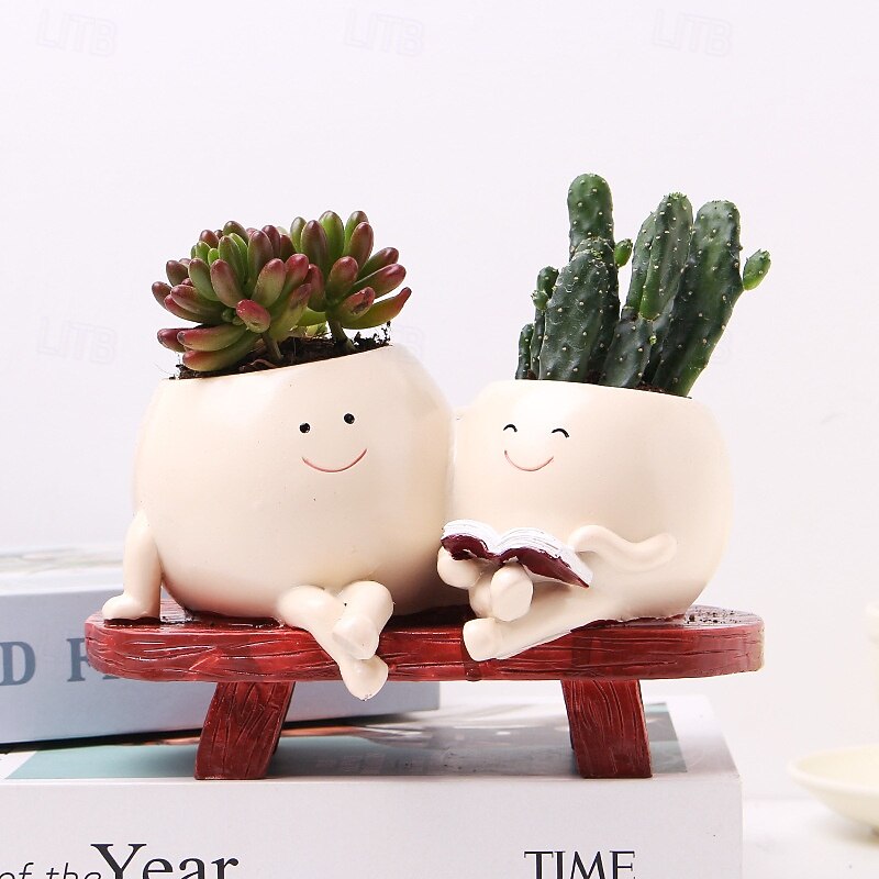 Planter Pots Resin Figurine for Succulent, Mother and Daughter Reading Design, Creative Home Garden Decor, Cute Mini Plant Pot, Indoor Outdoor Succulent Planter Ornament3