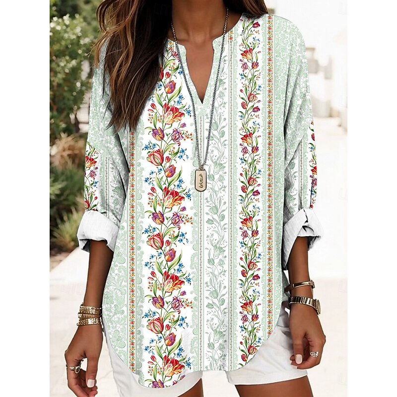 Women's Blouse Tunic V Neck Long Sleeve Boho Casual Tops Ombre Floral Graphic Elegant Stylish Romantic Regular Tops Daily Print White Light Green Pink Beige4