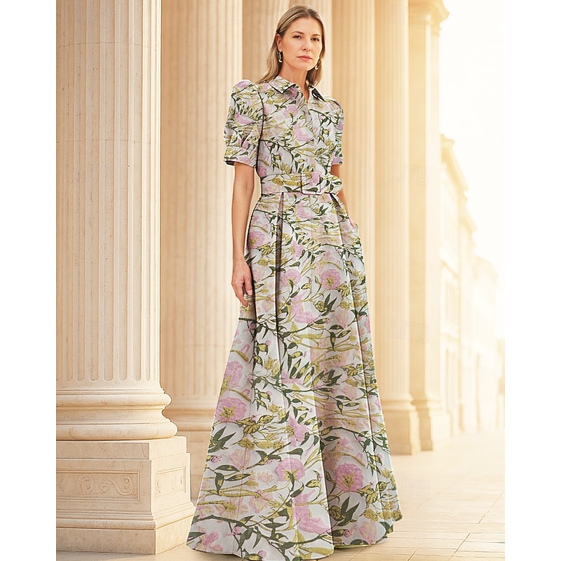 Floral Jacquard A-Line Evening Gown Elegant Dress Formal Wedding Floor Length Short Sleeve Shirt Collar Nylon with Floral Print Slit Pocket Wedding Guest Dress