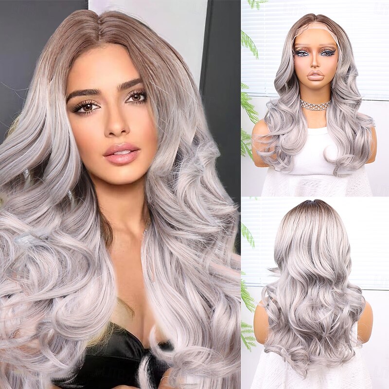 Synthetic Lace Wig Body Wave Style 18 inch Gray Middle Part 13x4 Lace Front Wig Women's Wig Silver
