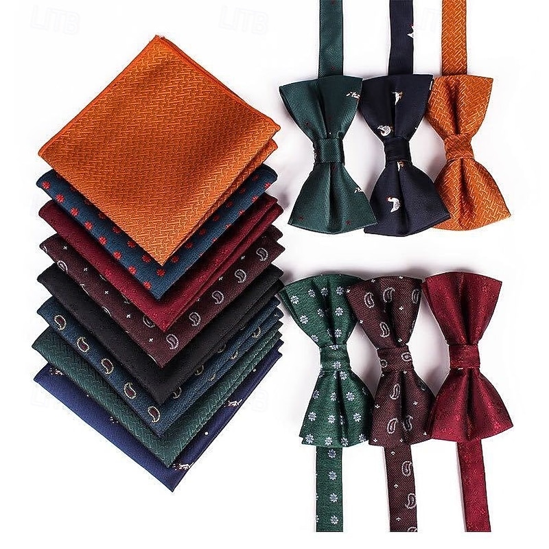 Men's Vintage Bow Tie Wedding Party Homecoming Patterned Bow Tie with Floral Printed Pocket Square Burgundy Navy Blue Dark Green