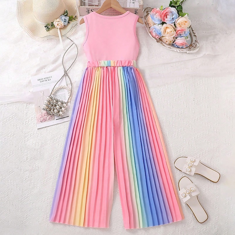 2 Pieces Kids Girls' Solid Color Crewneck Tank & Pants Set Sleeveless Daily School 7-13 Years Summer Pink2