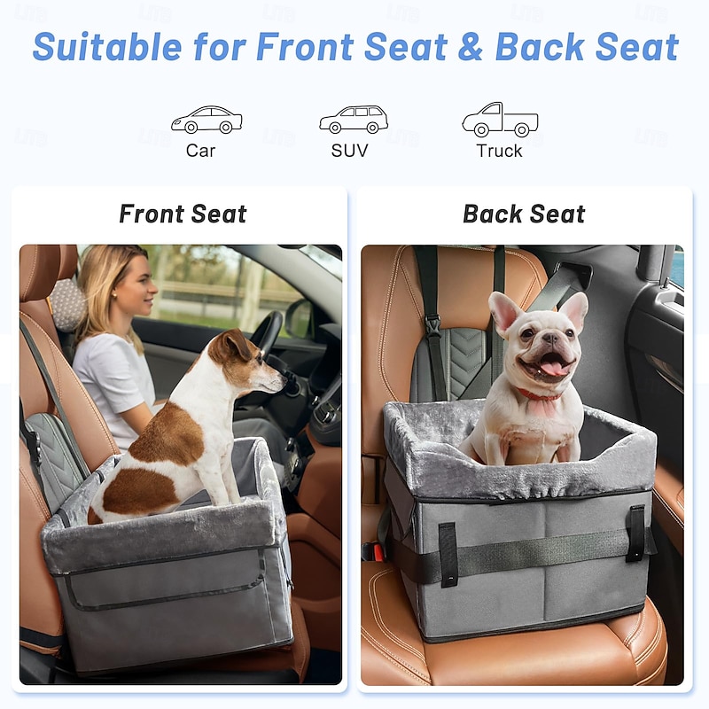Portable Pet Booster Seat Dog Car Seat for Small Dogs with 2 Clip-On Safety Leashes and Adjustable Straps4