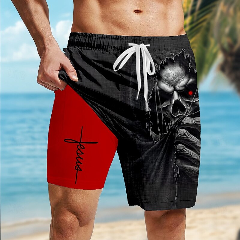 Men's Letter Printed Faith Halloween Costumes Lined Shorts 2 in 1 Board Shorts Swim Shorts Mid Waist Vintage Retro Holiday Streetwear Side Pockets With Compression Liner Elastic Drawstring Waist2