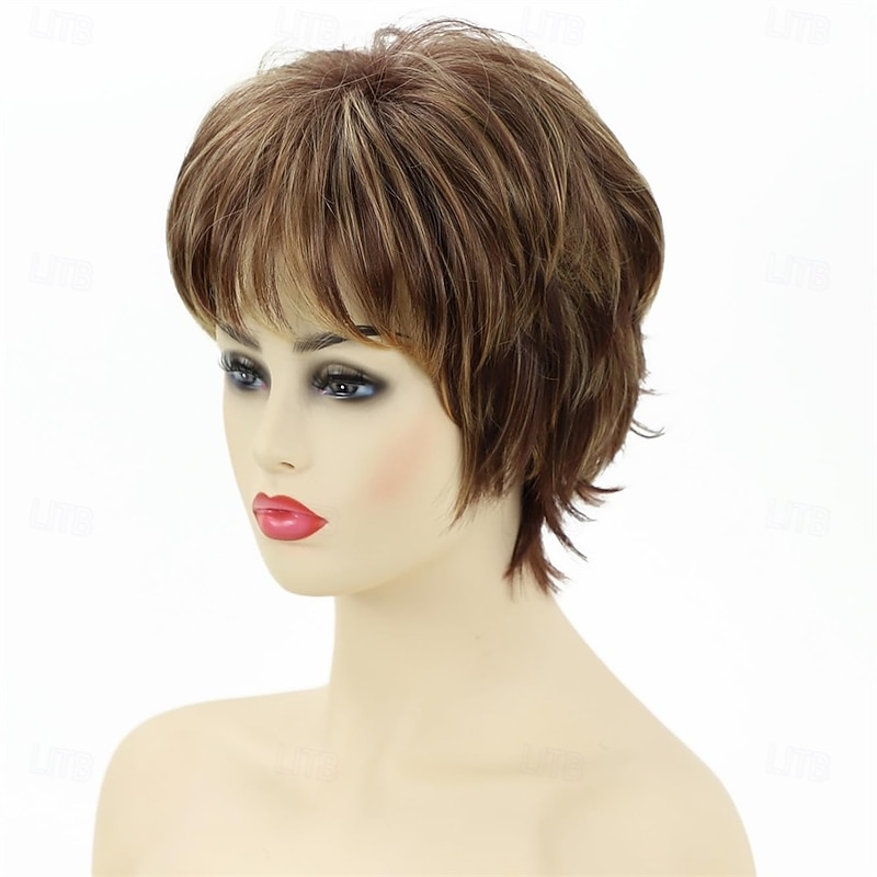 Pixie Layered Short Blonde Brown Wigs for White Women With Bangs Realistic Wig Synthetic Heat Resistant Wigs Daily Use Wig2