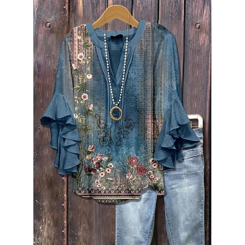 Women's Blouse V Neck Layered Ruffle Sleeve Tops Floral Graphic Paisley Daily Stylish Casual 3/4 Length Sleeve Regular Tops Daily Holiday Vacation Wear Print Yellow Pink Blue Dusty Blue Summer Spring3