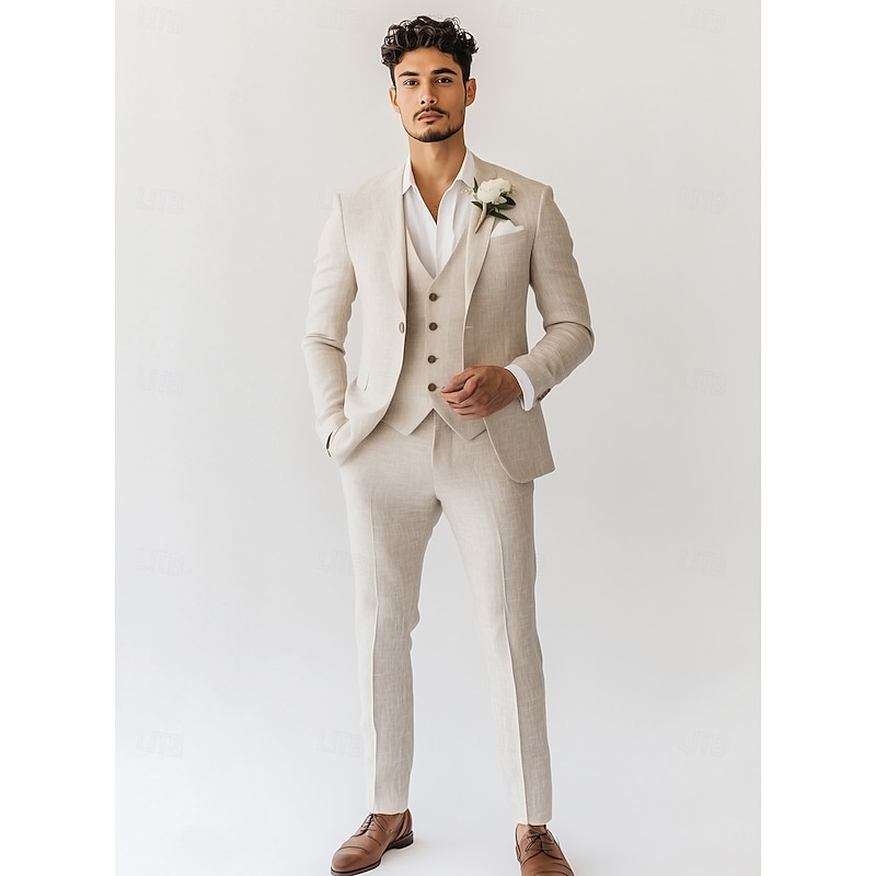 Men's Wedding Linen Suits Notch Lapel Beige Fashion Formal Solid Colored Standard Fit 3 Piece Single Breasted One-button