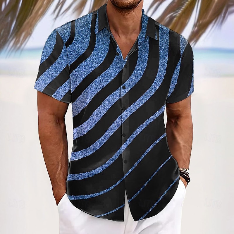 Men's Geometric Stripes Glittery Shirt Summer Shirt Button Up Shirt Short Sleeve Fashion Casual Outdoor Vacation Dailywear Summer Spring Turndown 3D Print Collared Shirts Blue Purple Gold Green3