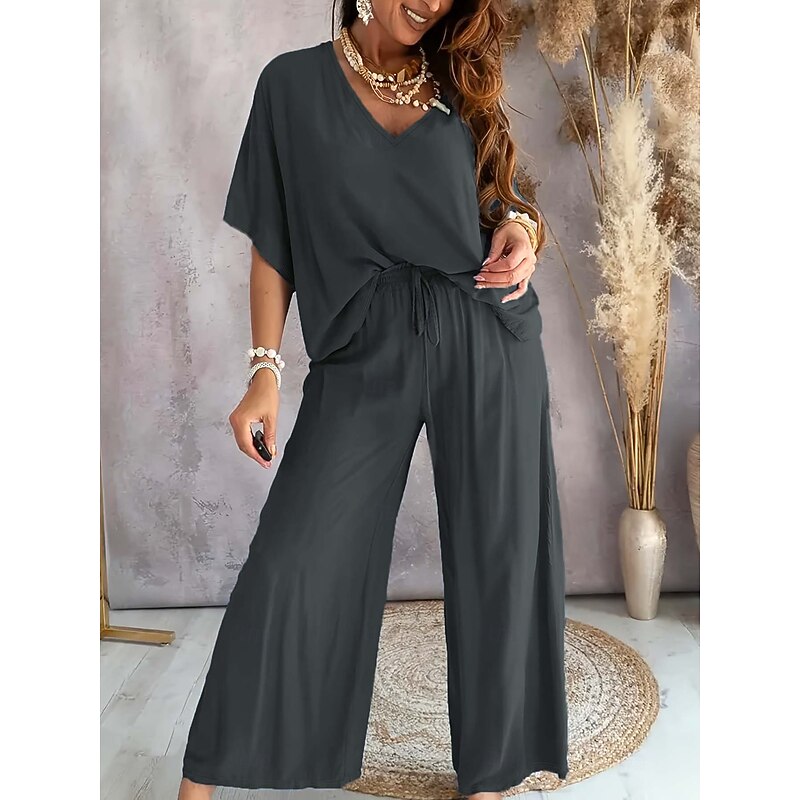 Women's Loungewear 2 Pieces Casual Comfort Pure Color Pullover Home Daily Half Sleeve V Neck Black Army Green Navy Blue Dark Gray Light Blue Summer Spring Loose Fit3