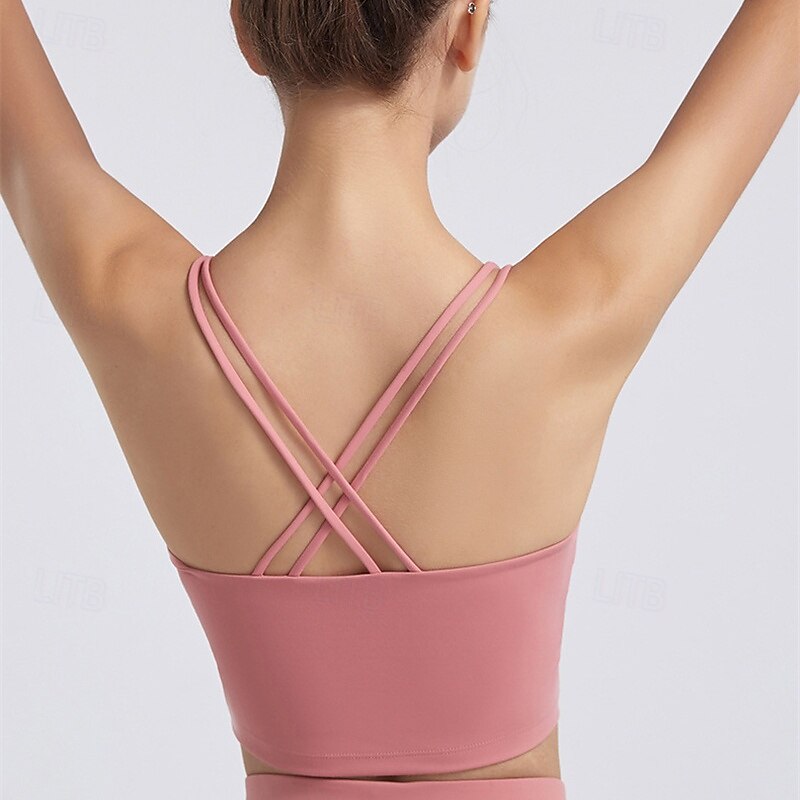 Women's Sports Bra Crew Neck Quick Dry Breathable Short Sleeve Sports Solid Color Crisscross Back Top For Gym Workout Dance Pickleball Activewear3