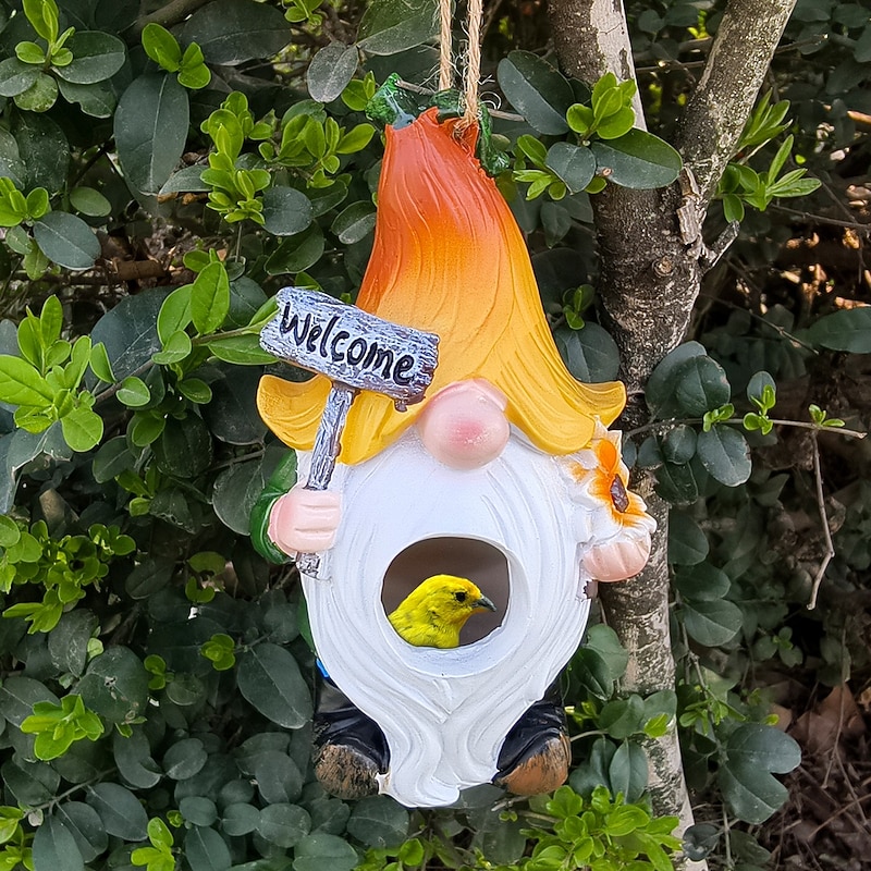 Resin Gnome Bird Feeder Hanging Decor, White-Bearded Garden Gnome Birdhouse for Outdoor Yard, Balcony, Tree, Patio Bird Nest Ornament4