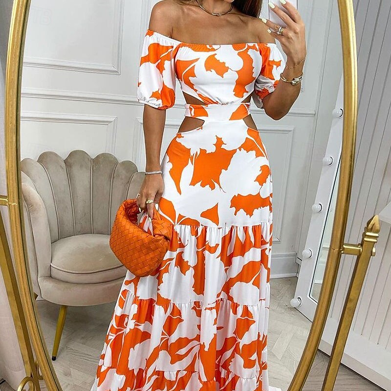 Women's Midi Dress Floral Dress Print Dress Fashion Modern Outdoor Vacation Holiday Regular Fit Flower Short Sleeve Off Shoulder Teal Orange Green Light Blue Summer2