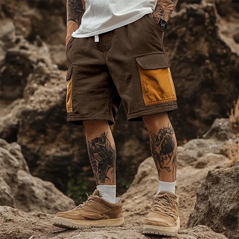 Men's Cargo Shorts Camping Shorts Casual Shorts Hiking Shorts Corduroy Shorts Drawstring Elastic Waist Multi Pocket Color Block Plain Comfort Soft Knee Length Outdoor Casual Daily Fashion Streetwear
