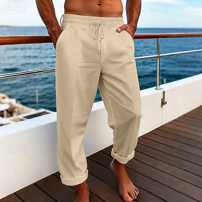Men's Linen Pants Trousers Summer Pants Baggy Pants Beach Pants Drawstring Elastic Waist Straight Leg Plain Comfort Breathable Full Length Casual Daily Holiday Vacation Fashion White Navy Blue2