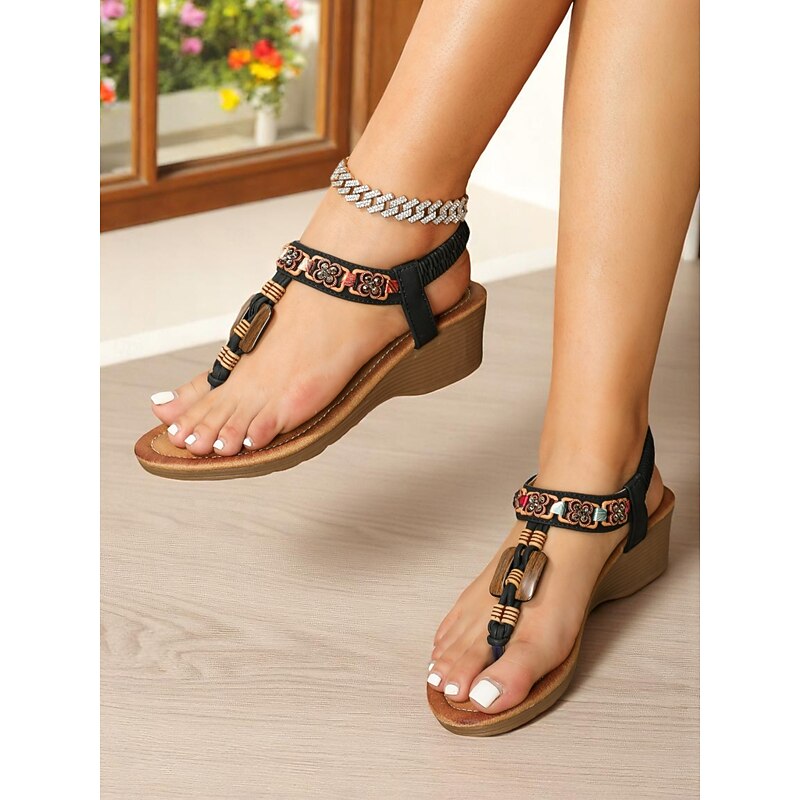 Women's Boho Beaded Thong Wedge Sandals with Wood Accents – Ethnic Style Summer Shoes for Travel, Beach Vacations, and Daily Comfort2