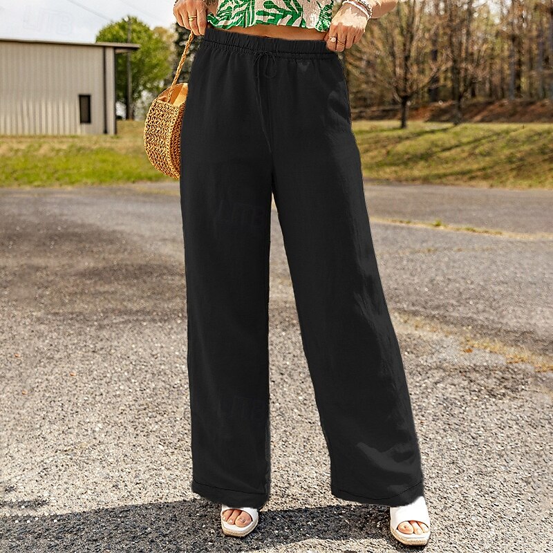 Women's Cotton Linen Pants Slacks Streetwear Casual Full Length Natural Plain Elastic Drawstring Design Comfy Outdoor Daily Wear Weekend Black Dark navy Dark Gray Khaki Summer Regular Fit2
