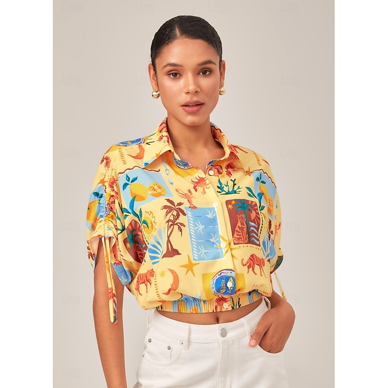 Tropical Collage Elastic Hem Shirt4