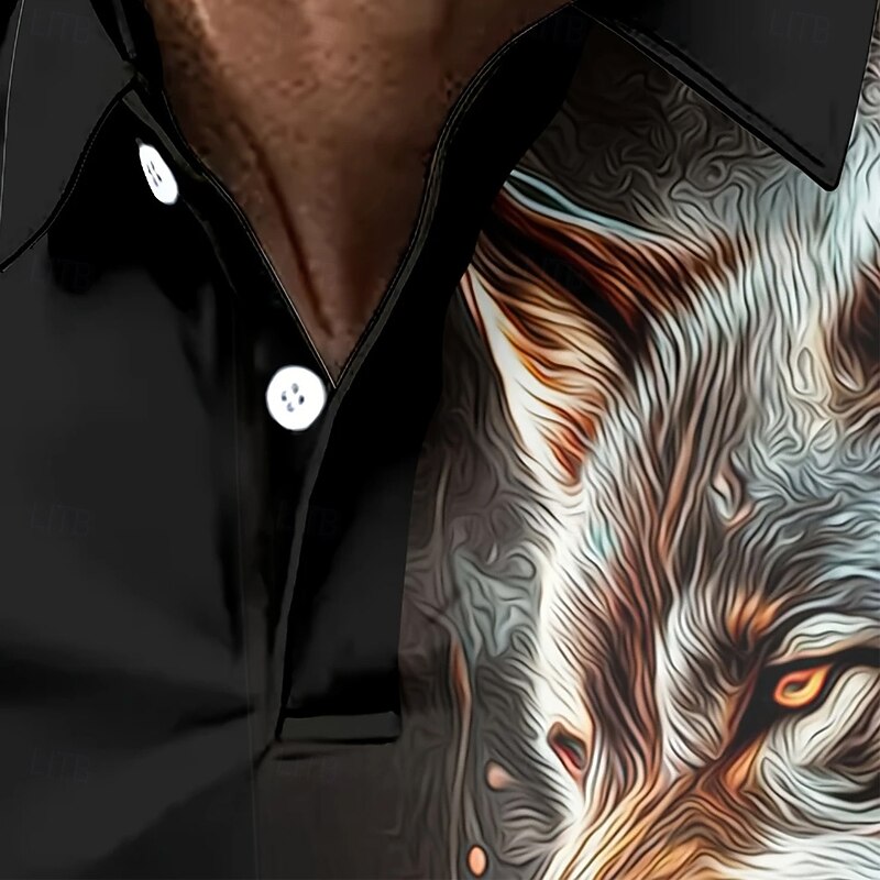 Men's Animal Wolf Polo Short Sleeve Polo Shirts Collared Shirts Casual Outdoor Daily Wear 3D Print Summer Black3