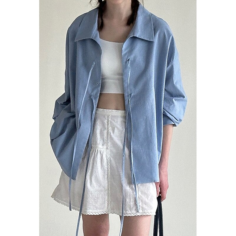 Women's Shirt Button Up Cotton Linen Shirt Plain Striped Stylish Modern Long Sleeve Shirt Collar Regular Tops Holiday Going out Tie Front White Blue Light Blue Summer