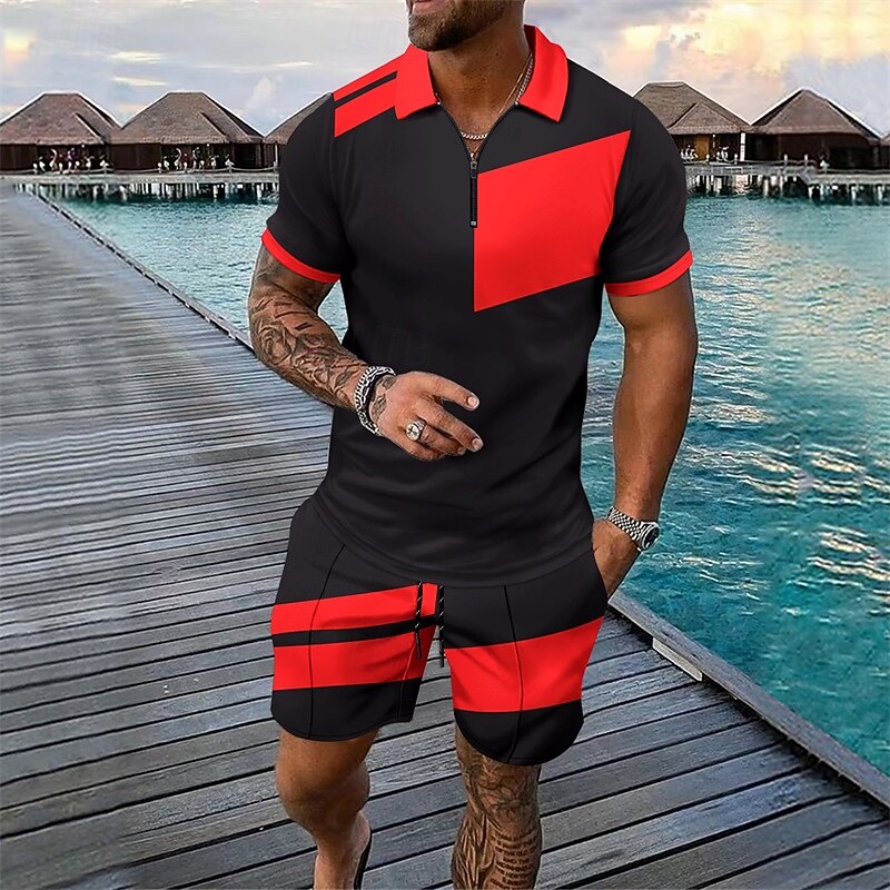 Men's T-shirt Suits 2 Pieces Outfits Tee & Shorts Short Sleeve Quarter Zip Summer Color Block Fashion Casual 2 Piece Splice Vacation Daily Wear Going out Silver Black Wine Top Tee for Men - Main Image