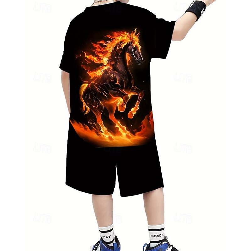 Boys 3D Horse T-shirt & Shorts Set Short Sleeve Summer Spring Sports Fashion Daily Kids 4-12 Years Crew Neck Outdoor Vacation Sports Tailored Fit2