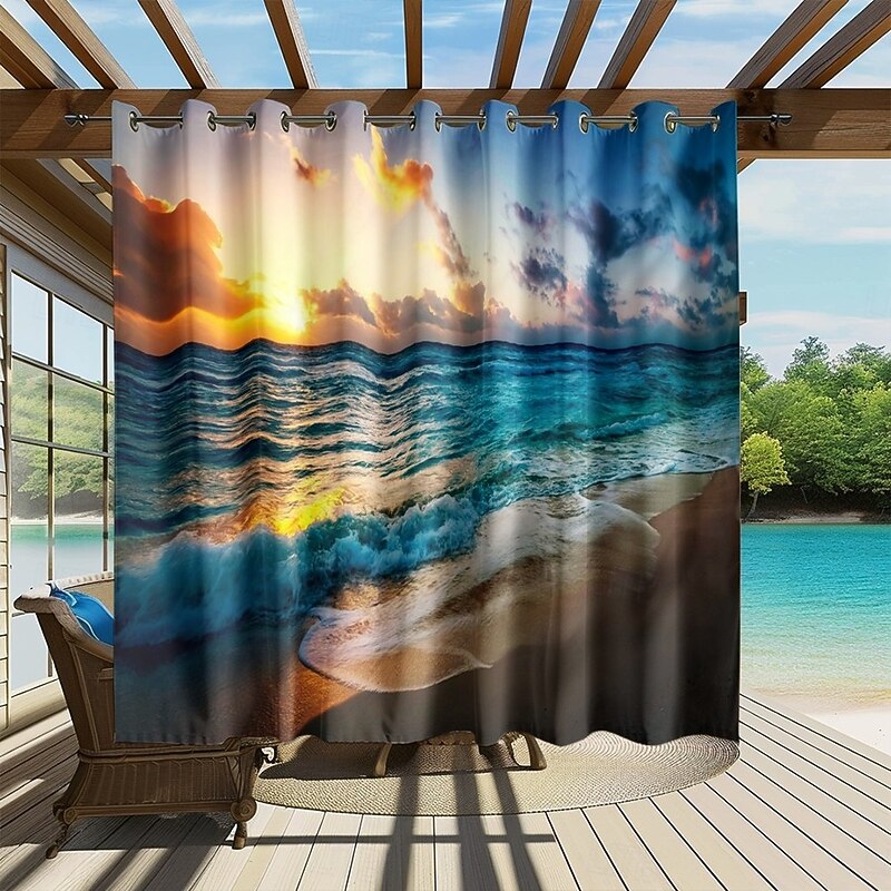Waterproof Outdoor Curtain Privacy, Sliding Patio Curtain Drapes, Pergola Curtains Grommet 3D Summer Beach Ocean Landscape For Gazebo, Balcony, Porch, Party, 1 Panel3