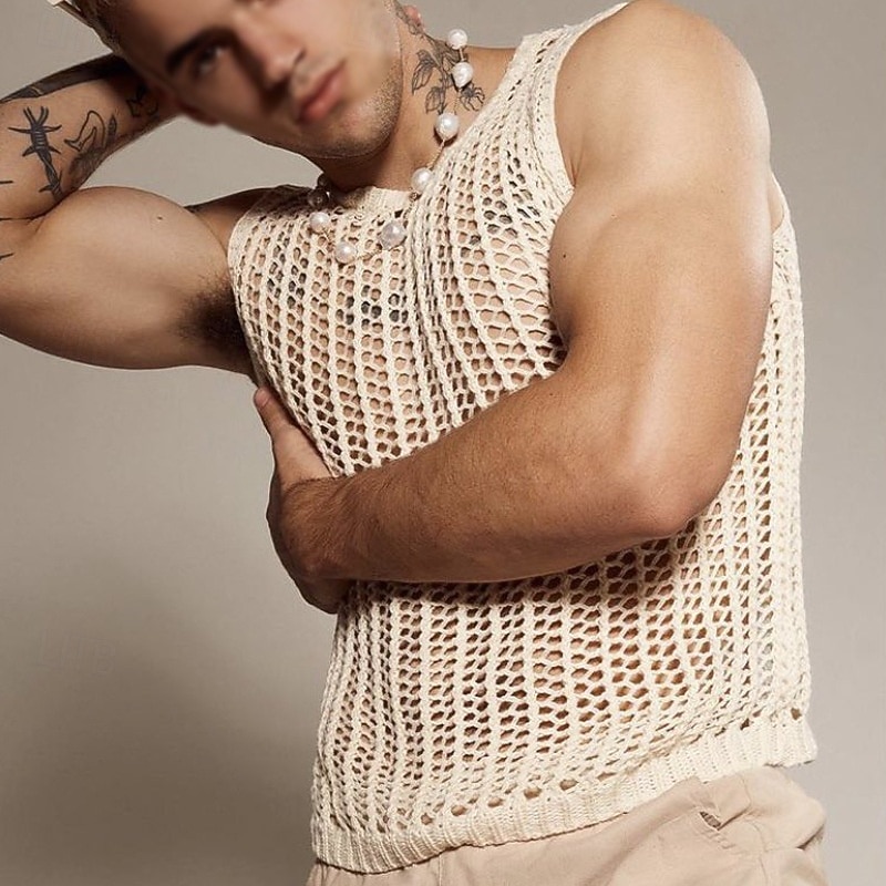 Men's Tank Top Vest Top Undershirt Sleeveless Shirt Sleeveless Crewneck Spring Plain Fashion Designer Hole Vacation Street Going out Beige Top Tee for Men3