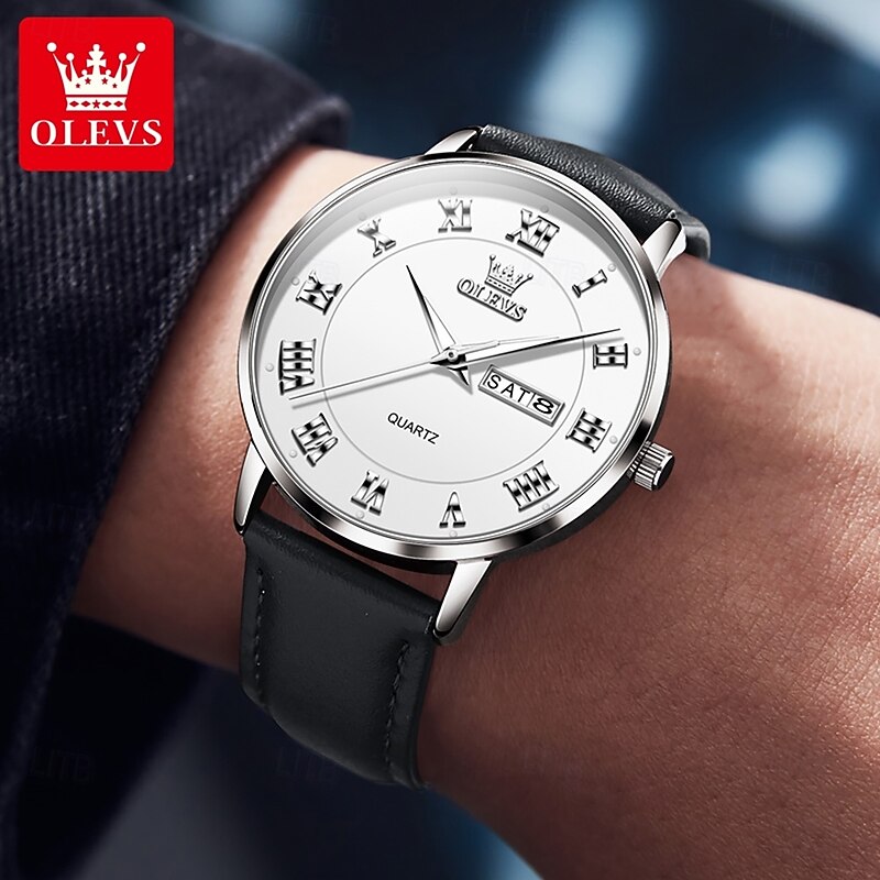 OLEVS 2920 Watch Men Original Leather Strap Waterproof Luminous Dual Calendar Classic Simplicity Fashion Quartz Men's Wristwatch2