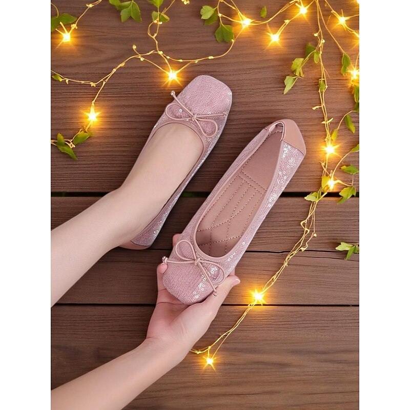 Women's Pink Sequin Ballet Flats with Bow Accent and Square Toe – Sweet Comfortable Flats for Daily Dating and Cute Outfits