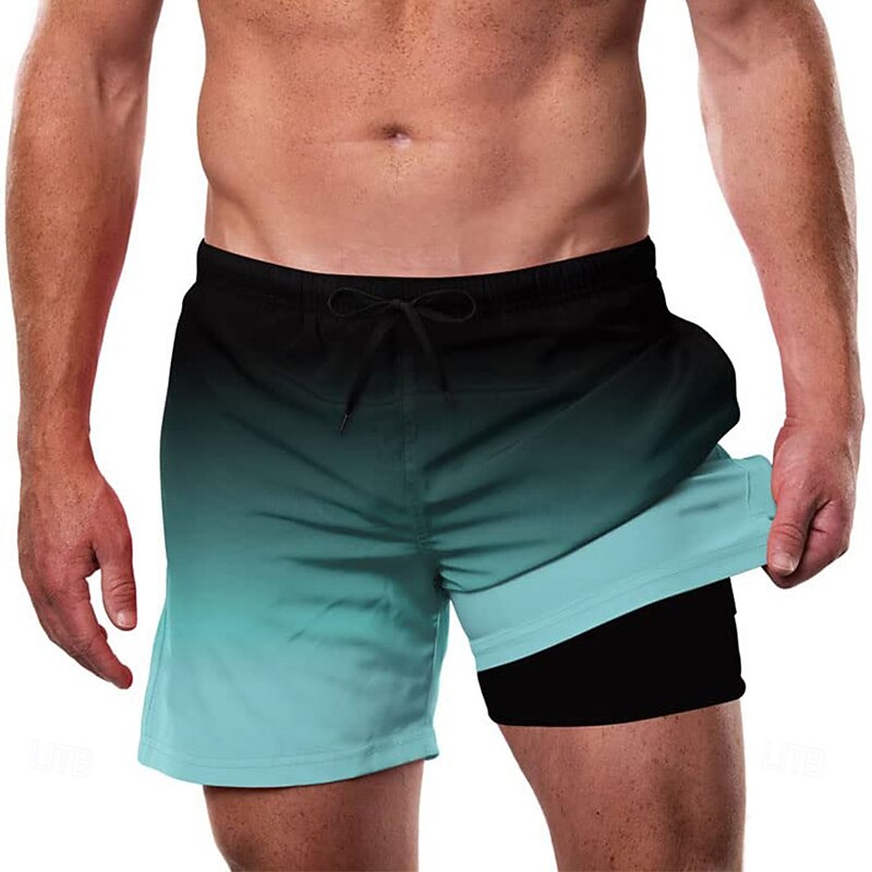Men's Gradient Color Lined Shorts 2 in 1 Board Shorts Swim Shorts Mid Waist Hawaiian Vacation Holiday Beach Wear Side Pockets With Compression Liner Elastic Drawstring Waist Designer Clothing Apparel2