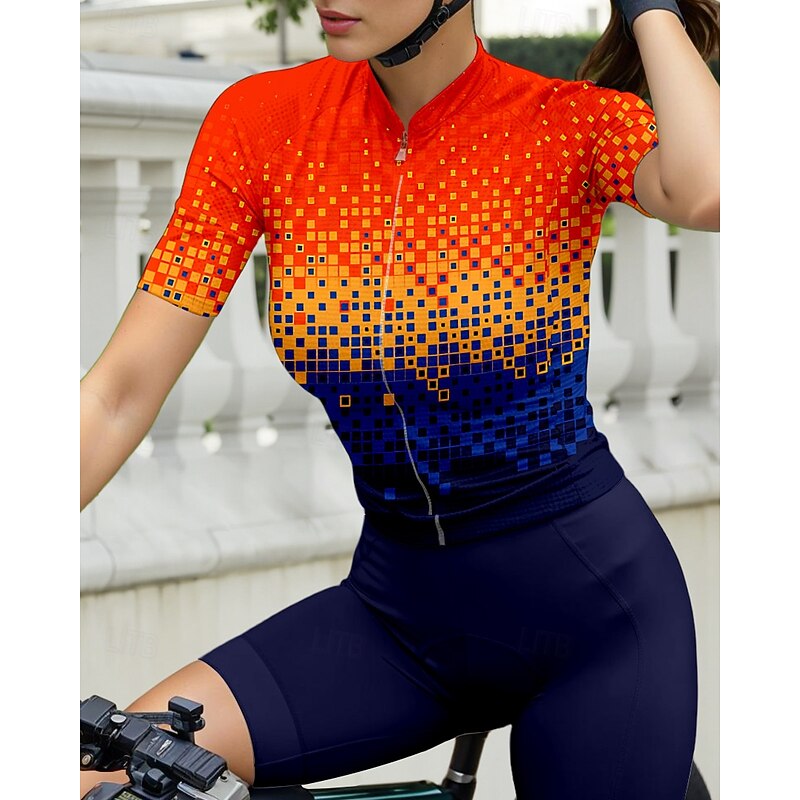 Women's Cycling Jersey Graphic Geometric Gradient Short Sleeve Bike Jersey Top with 3 Rear Pockets Sunscreen UV Resistant Quick Dry Reflective Strips Sports Orange Clothing Apparel3