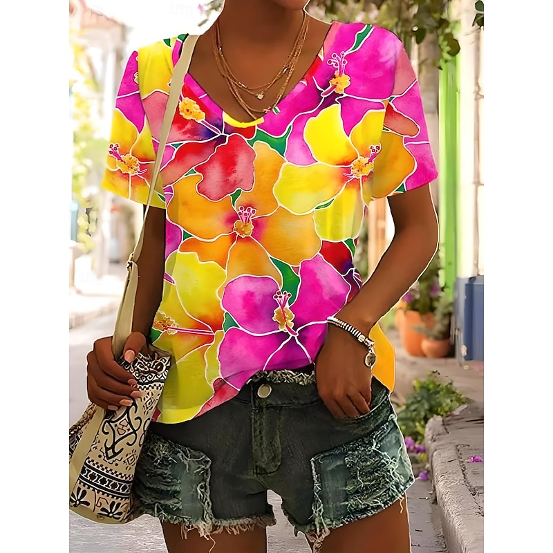 Women's T Shirt Floral Graphic Plants Vintage Tropical Hawaiian Short Sleeve V Neck Regular Tops Daily Print Pink Royal Blue Blue Green Summer Spring