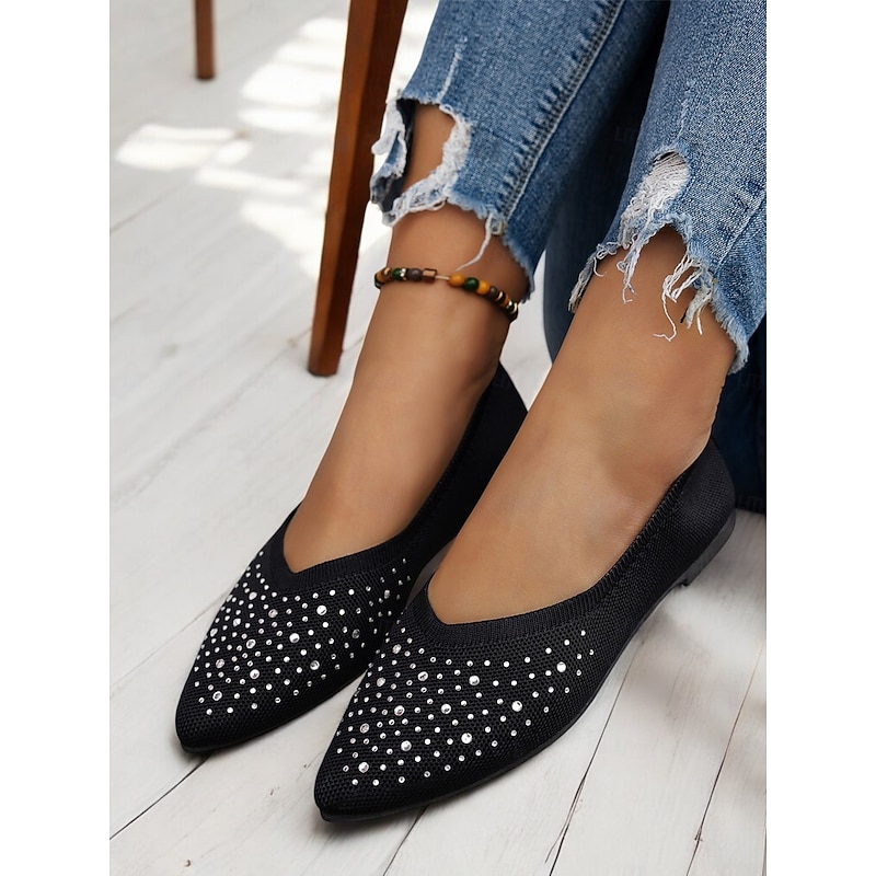 Women's Flyknit Rhinestone Pointed-Toe Flats - Elegant Sparkly Slip-On Shoes for Special Occasions & Daily Wear