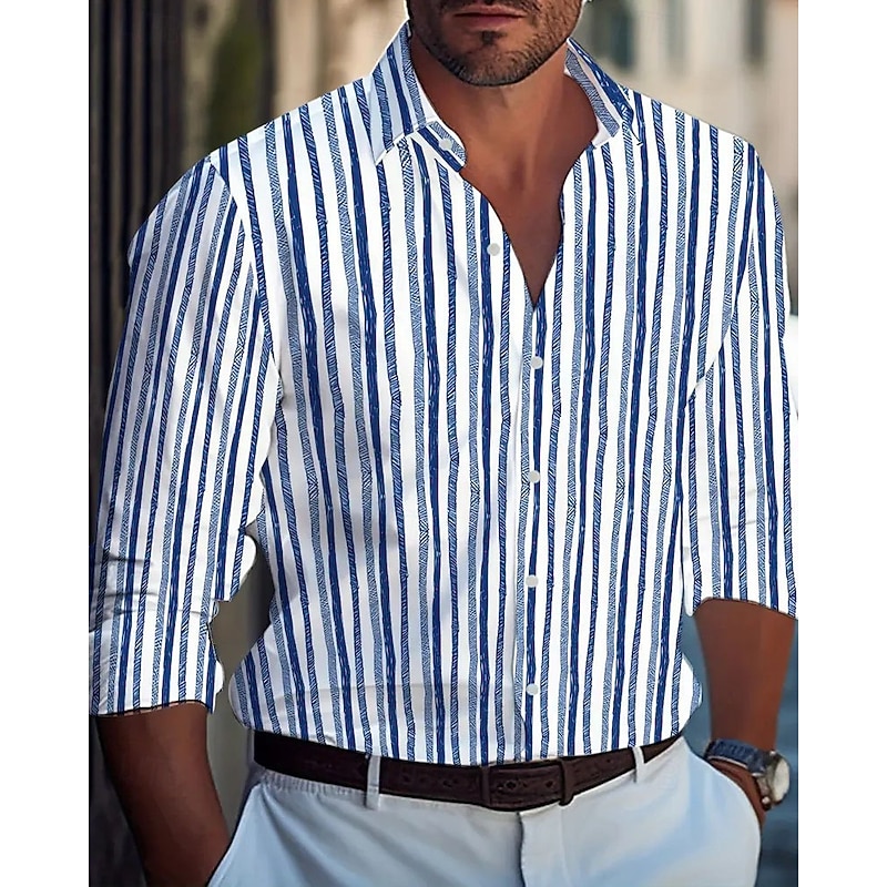 Men's Casual Shirt Beach Shirt Button Up Shirt Black Yellow Wine Red Blue Long Sleeve Stripes and Plaid Lapel Vacation Hawaiian Button-Down Clothing Apparel Polyester Fashion Casual Comfortable