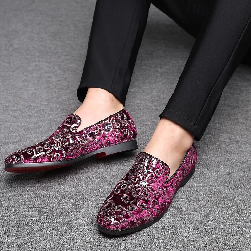 Men's Purple Floral Embroidered Slip-On Loafers – Stylish Velvet Evening Shoes for Prom and Formal Events3