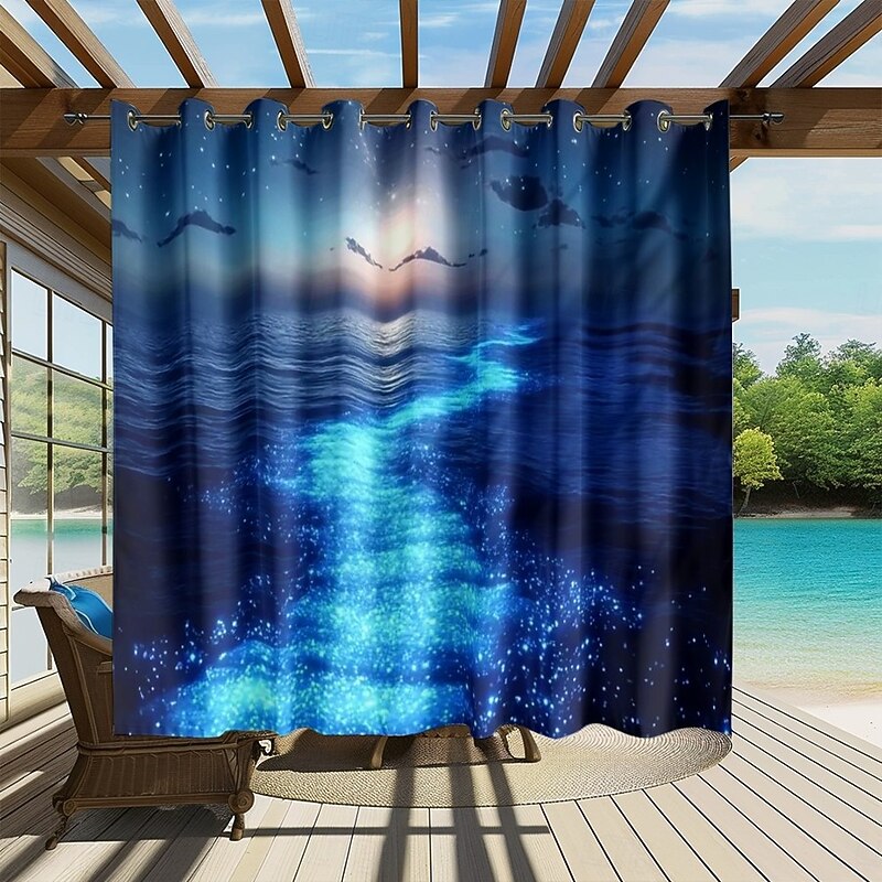 Waterproof Outdoor Curtain Privacy, Sliding Patio Curtain Drapes, Pergola Curtains Grommet 3D Ocean Twinkling Landscape For Gazebo, Balcony, Porch, Party, 1 Panel3