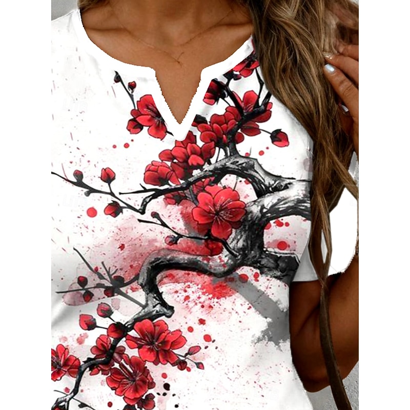 Women's T Shirt Floral Graphic Plants Vintage Stylish Classic Short Sleeve Notched Neck Regular Tops Daily Weekend Print Red Summer Spring2