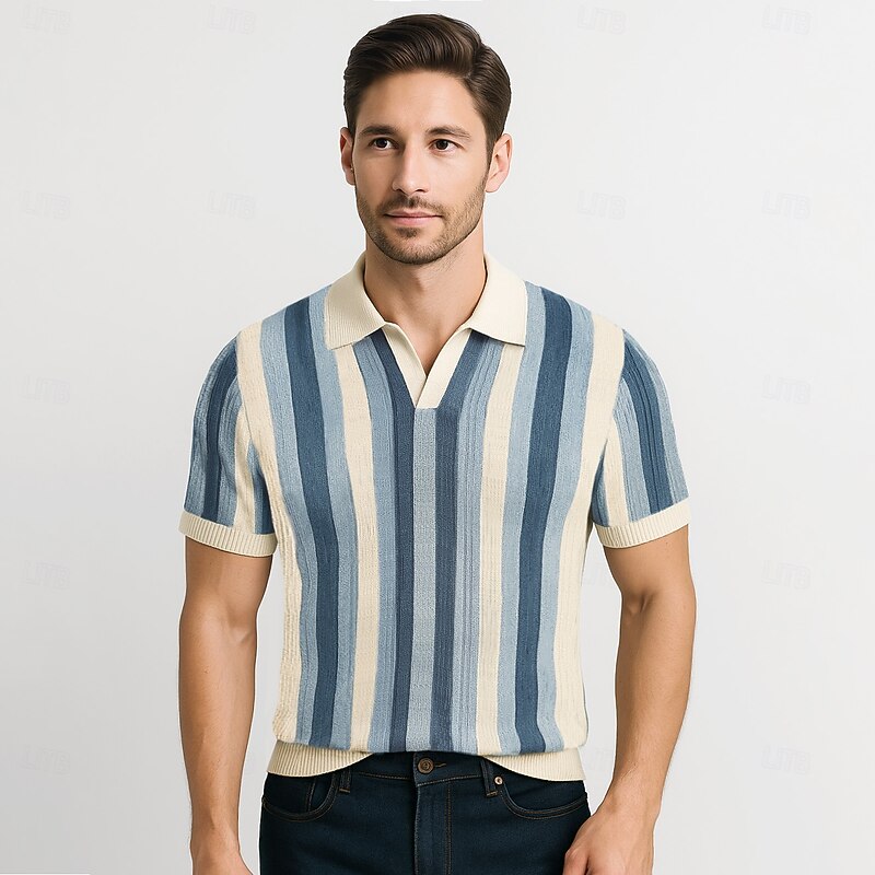 Men's Business Casual V Neck Classic Short Sleeve Vintage Fashion Color Block Vertical Stripes Patchwork Summer Spring Fall Beige