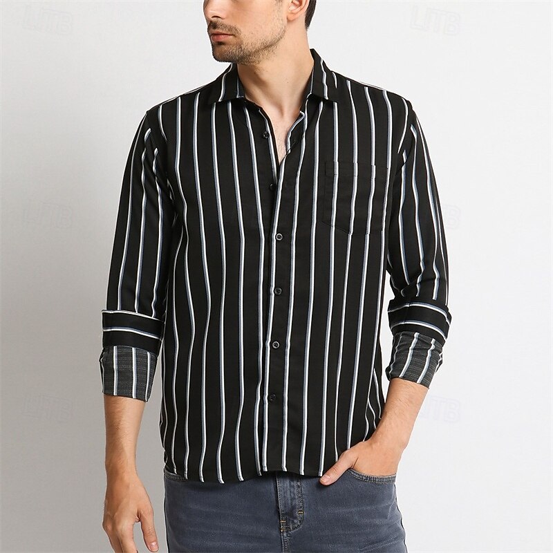 Men's Shirt Summer Shirt Casual Shirt Beach Shirt Button Up Shirt Black Red Brown Dark Blue Black+White Long Sleeve Stripes Lapel Vacation Hawaiian Pocket Clothing Apparel Polyester Fashion Casual4