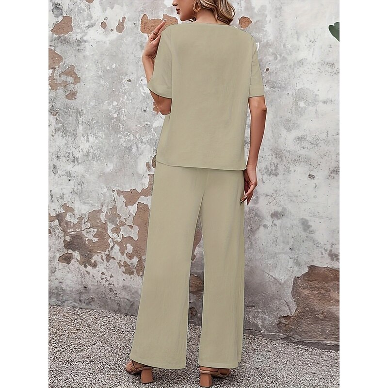 Women's Fashion Streetwear Daily T Shirt Wide Leg Pants Half Sleeve Crew Neck Plain Casual Daily Khaki Spring &  Fall Regular Fit2