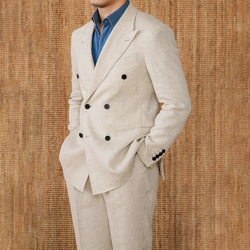 Men's Wedding Business Suits Peaked Lapel Beige Fashion Formal Solid Colored Standard Fit 2 Piece Double Breasted Six-buttons2