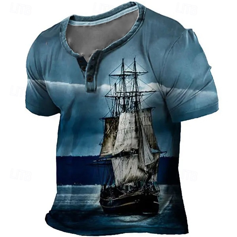 Sailboat T-Shirt Mens Graphic 3D For Vacation | Blue Summer Cotton Fashion Designer Comfortable Print Henley Tee Outdoor Casual Daily Day Pirate