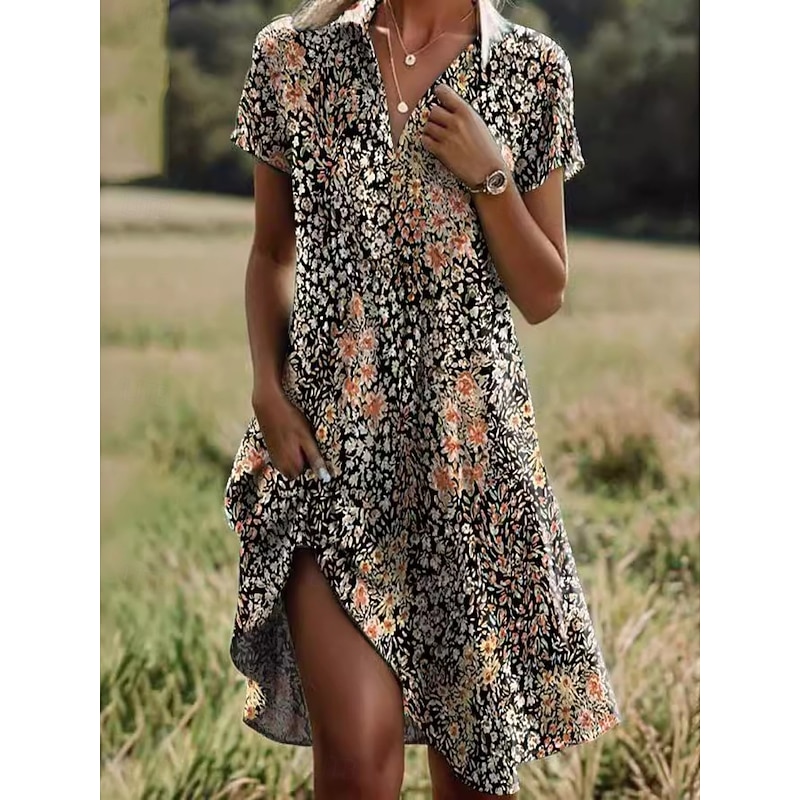 Women's Mini Dress Casual Dress Summer Dress Boho Dress Tribal Vacation Daily Weekend Regular Fit Floral Short Sleeve Shirt Collar Aqua Blue Red Blue Brown Summer2